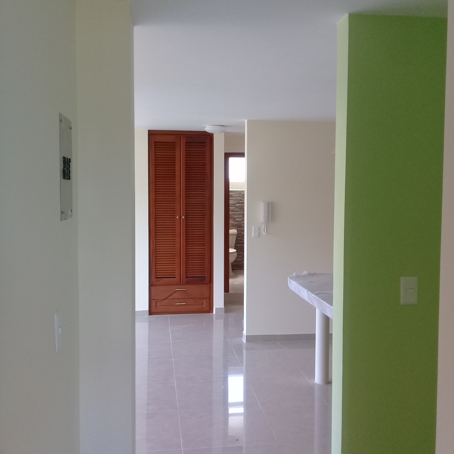 Interior con pasillo y closet de madera en proyecto residencial