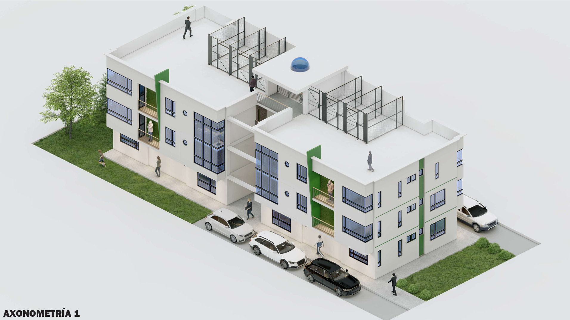 Axonometría arquitectónica de proyecto multifamiliar con áreas comunes