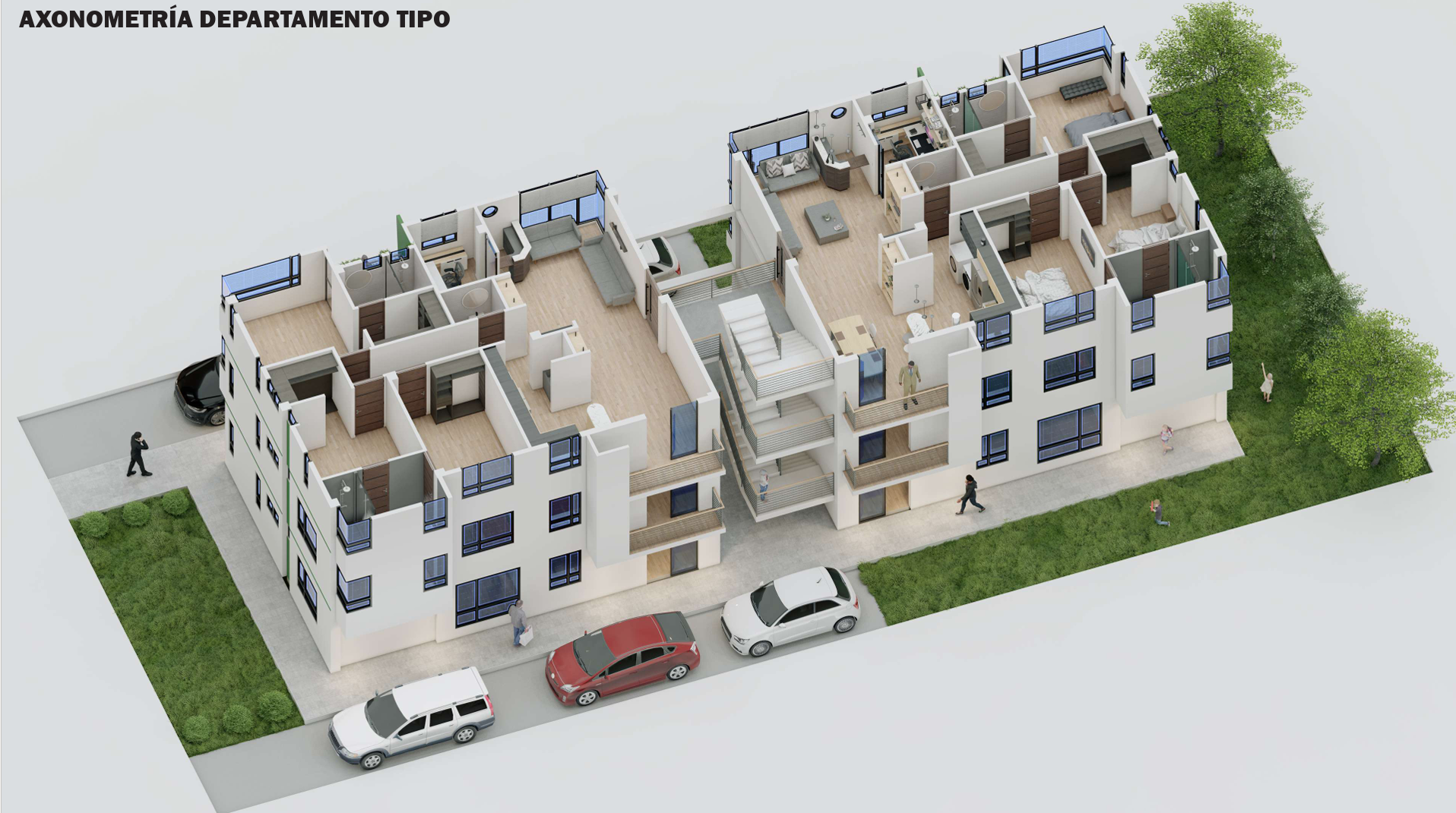 Render técnico de departamento tipo con distribución interior